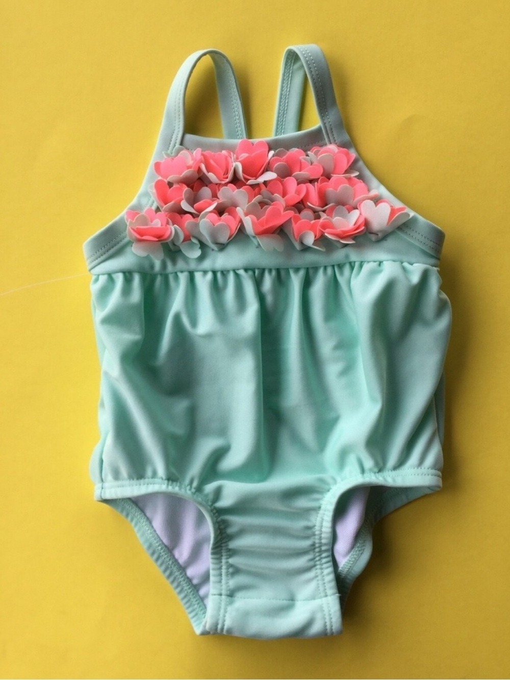 Cat & Jack Mint Green One-Piece Swimsuit with Pink Floral Appliques